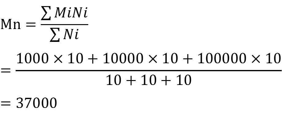 数平均分子量の計算
Mn=（1000×10 + 10000×10 + 100000×10）÷（10 + 10 + 10）= 37000